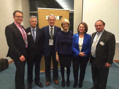 From left to right: Prof. Hans-Ulrich Kauczor, Chairman of the ESR Research Committee (Heidelberg, Germany); ESR 1st Vice-President Prof. Luis Donoso (Barcelona, Spain); ESR President Prof. Lorenzo Bonomo (Rome, Italy); Host Elisabeth Morin-Chartier, Quae