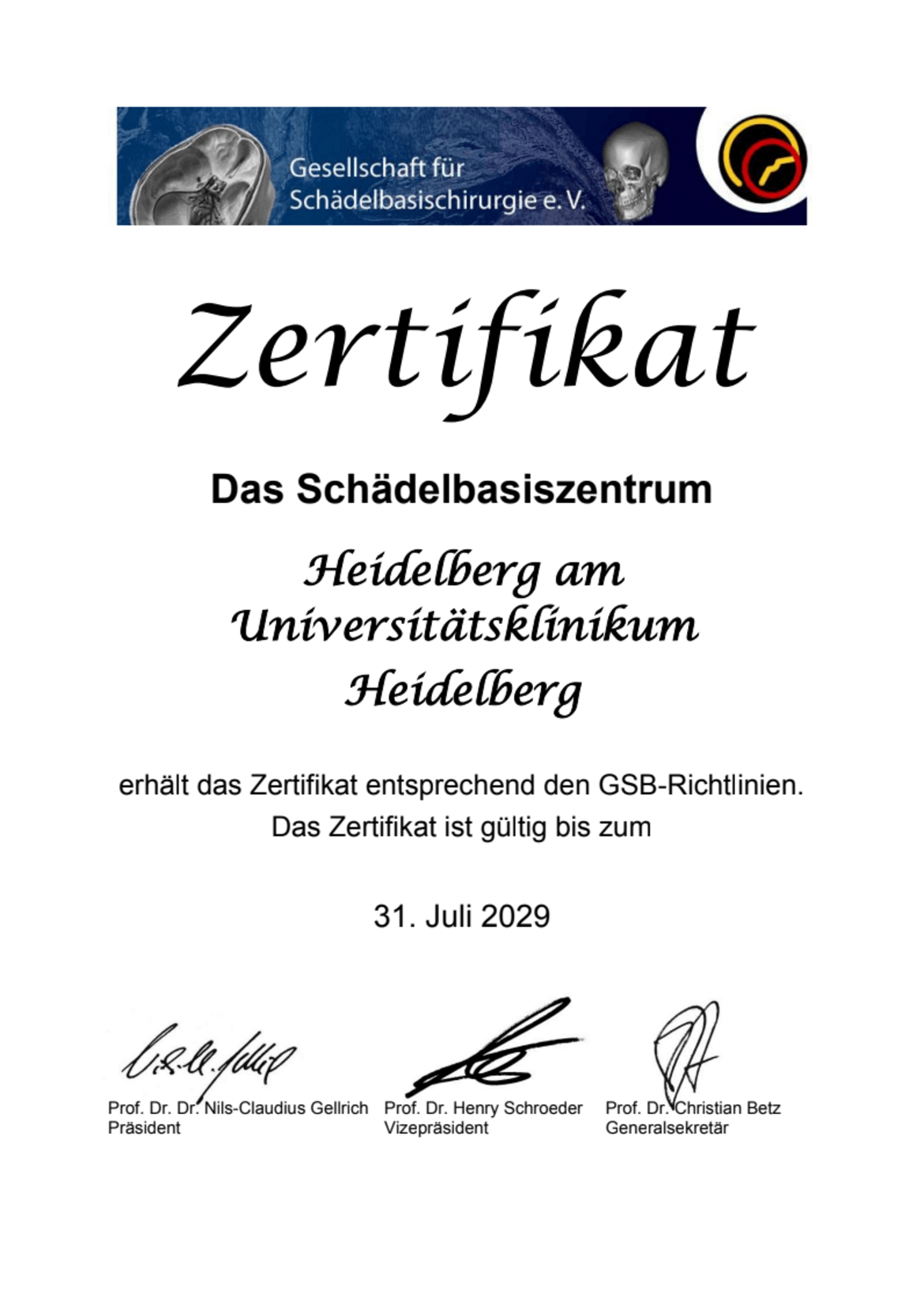 Zertifikat des Schädelbasiszentrums