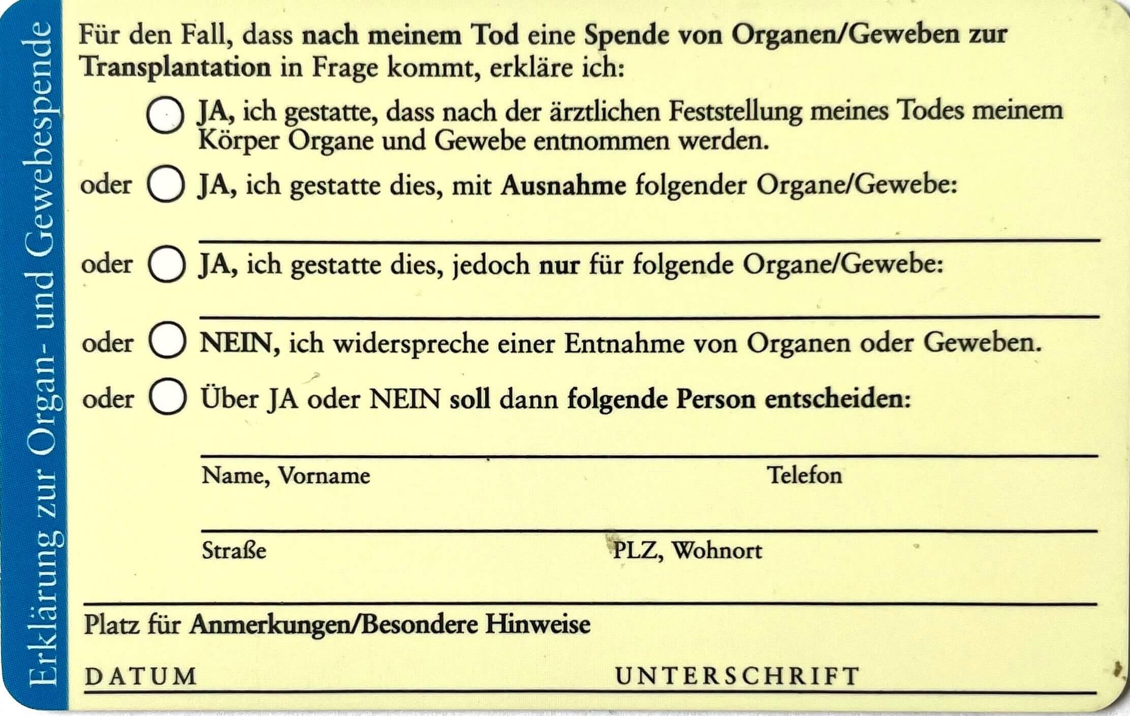 Organspendeausweis Rückseite